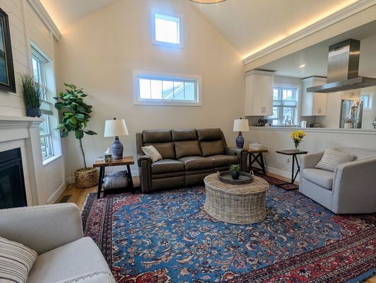 Fireplace, Interior, Kitchen, Living room, Recessed Lighting, Stainless Steel Appliances, Wood Texture Flooring