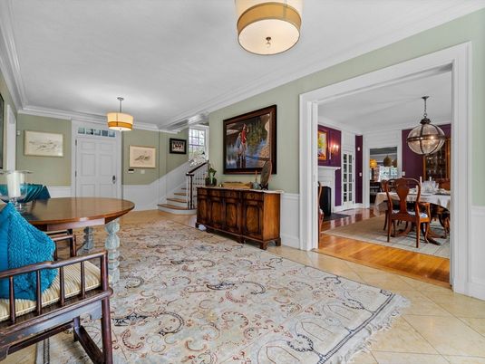 Dining room, Fireplace, Interior, Pendant Lights, Wood Texture Flooring