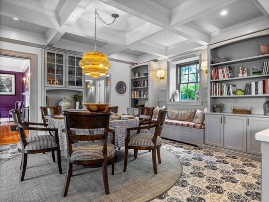 Dining room, Interior, Living room, Pendant Lights, Recessed Lighting, Wood Texture Flooring