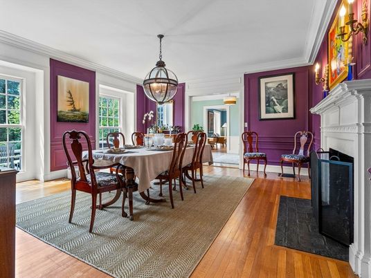 Dining room, Fireplace, Interior, Pendant Lights, Wood Texture Flooring