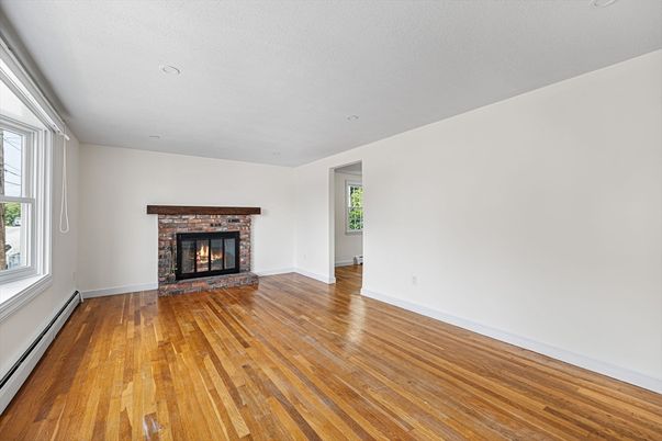 Empty room, Fireplace, Interior, Recessed Lighting, Wood Texture Flooring