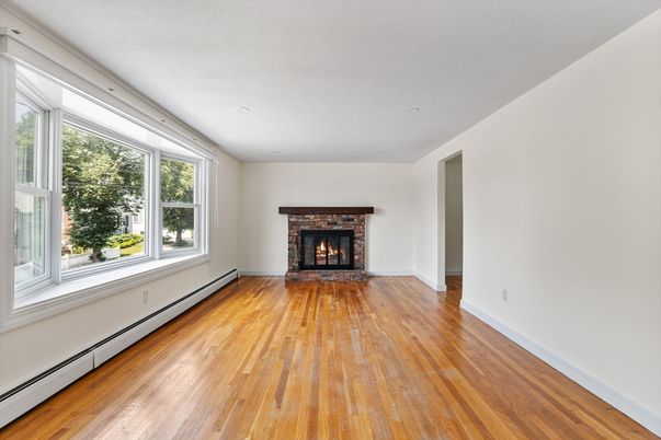 Empty room, Fireplace, Interior, Recessed Lighting, Wood Texture Flooring