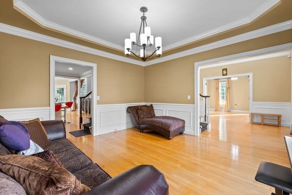 Chandelier, Interior, Living room, Recessed Lighting, Wood Texture Flooring