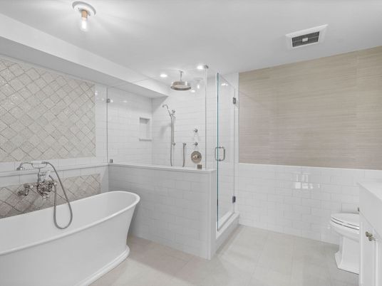 Bathroom, Free Standing Baths, Glass Shower, Interior, Recessed Lighting