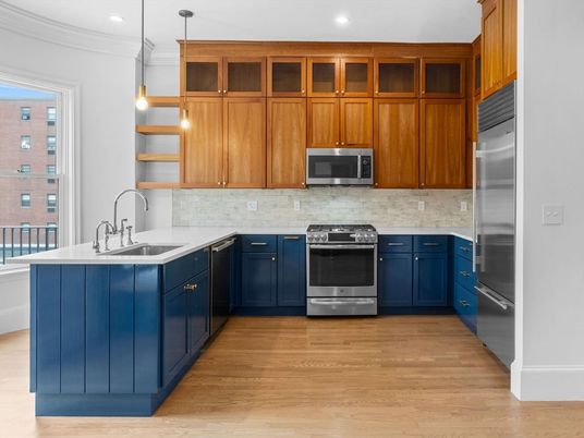 Interior, Kitchen, Pendant Lights, Recessed Lighting, Stainless Steel Appliances, Wood Texture Flooring