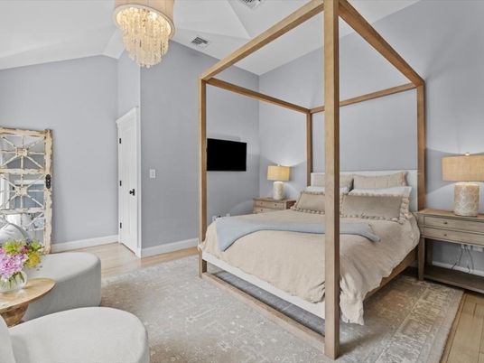 Bedroom, Chandelier, Interior, Wood Texture Flooring