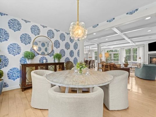 Dining room, Fireplace, Interior, Living room, Pendant Lights, Recessed Lighting, Wood Texture Flooring