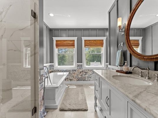 Bathroom, Dual Sink Vanities, Interior, Marble Walls, Recessed Lighting