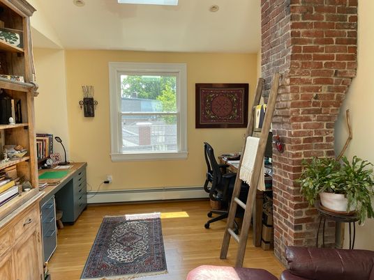 Home Office, Interior, Stone Walls, Wood Texture Flooring