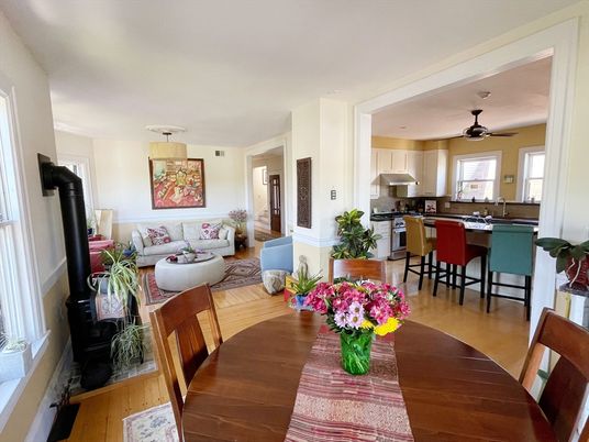 Dining room, Interior, Kitchen, Living room, Pendant Lights, Wood Texture Flooring
