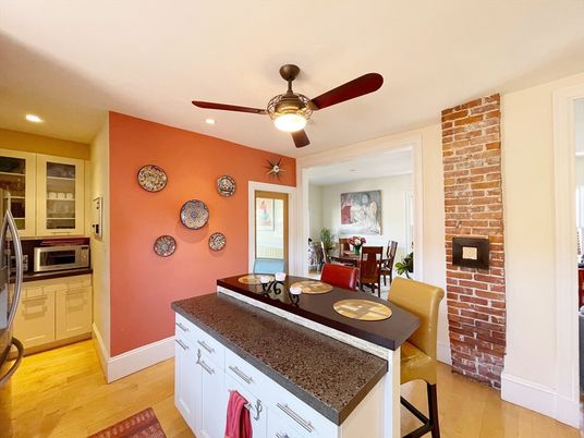 Dining room, Interior, Kitchen, Recessed Lighting, Stone Walls, Wood Texture Flooring