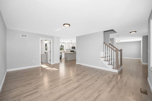 Empty room, Interior, Kitchen, Pendant Lights, Recessed Lighting, Wood Texture Flooring