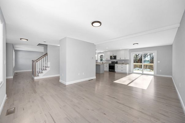 Empty room, Interior, Kitchen, Recessed Lighting, Wood Texture Flooring