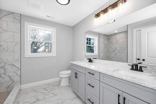 Bathroom, Dual Sink Vanities, Interior, Marble, Marble Walls, Recessed Lighting