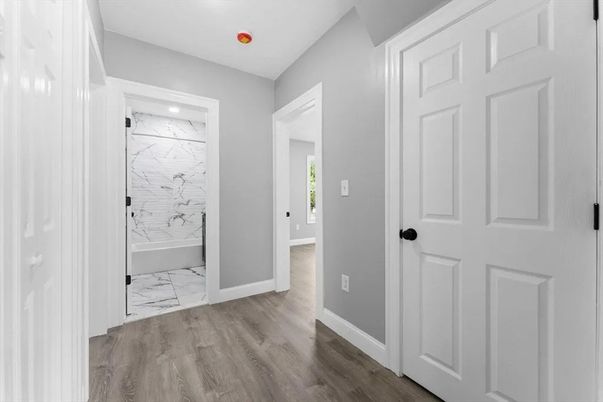 Bathroom, Interior, Marble, Recessed Lighting, Wood Texture Flooring