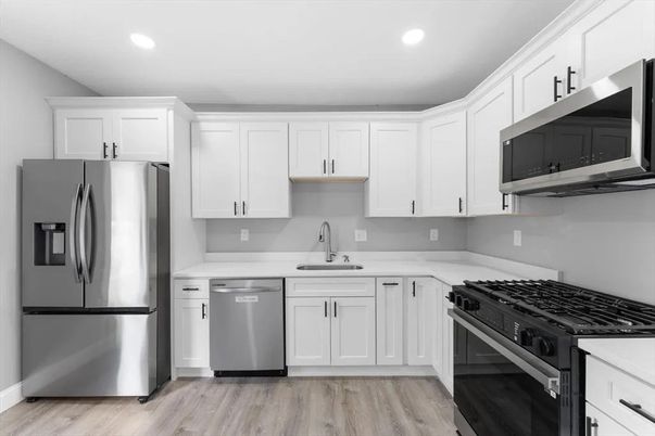 Interior, Kitchen, Recessed Lighting, Stainless Steel Appliances, Wood Texture Flooring