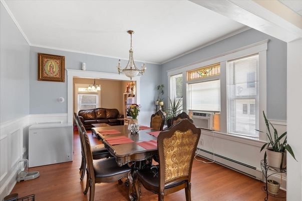 Chandelier, Dining room, Interior, Pendant Lights, Wood Texture Flooring