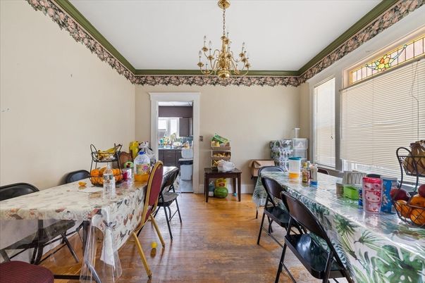 Chandelier, Dining room, Interior, Wood Texture Flooring