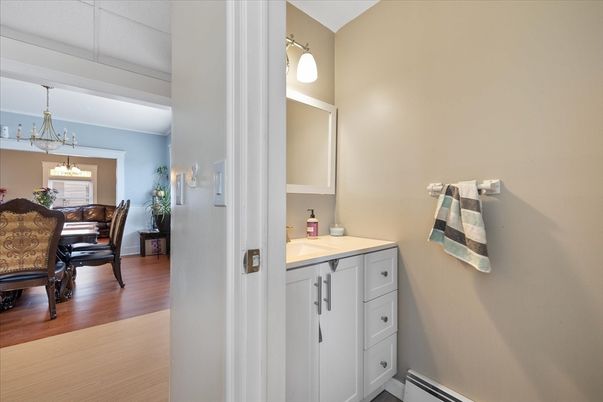Bathroom, Dining room, Interior, Pendant Lights, Wood Texture Flooring