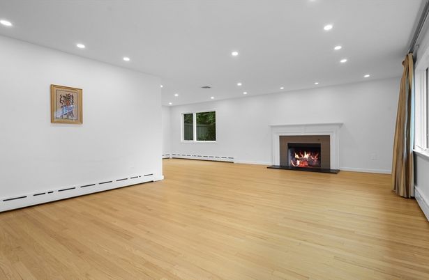 Empty room, Fireplace, Interior, Recessed Lighting, Wood Texture Flooring
