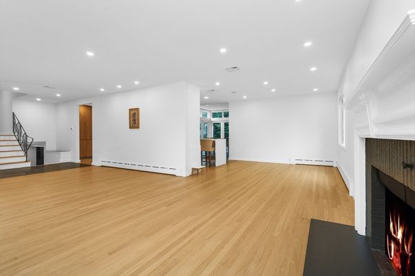 Empty room, Fireplace, Interior, Recessed Lighting, Wood Texture Flooring
