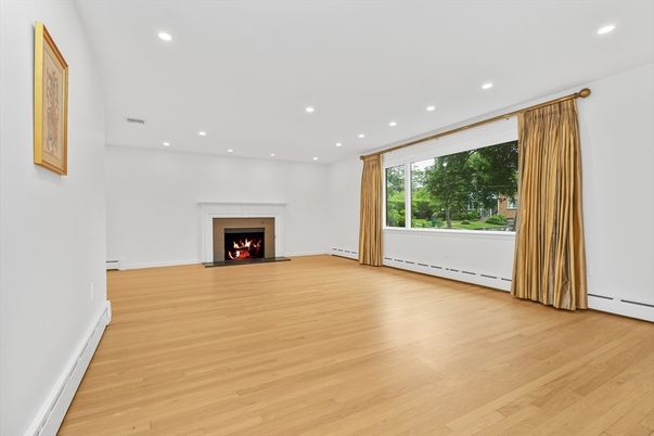 Empty room, Fireplace, Interior, Recessed Lighting, Wood Texture Flooring