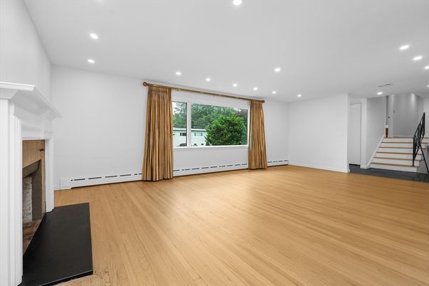 Empty room, Fireplace, Interior, Recessed Lighting, Wood Texture Flooring