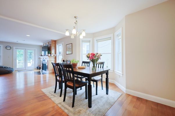 Chandelier, Dining room, Fireplace, Interior, Kitchen, Pendant Lights, Recessed Lighting, Wood Texture Flooring