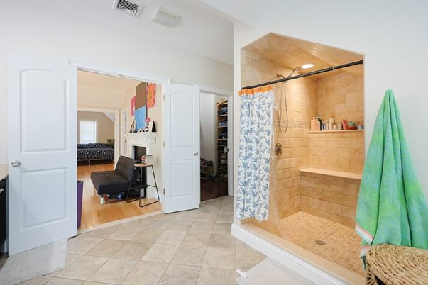 Bathroom, Fireplace, Interior, Recessed Lighting, Wood Texture Flooring