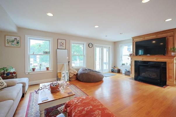 Fireplace, Interior, Living room, Recessed Lighting, Wood Texture Flooring