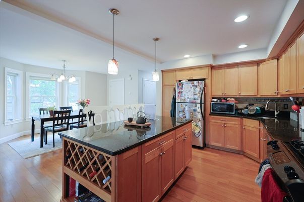 Dining room, Interior, Kitchen, Pendant Lights, Recessed Lighting, Wood Texture Flooring