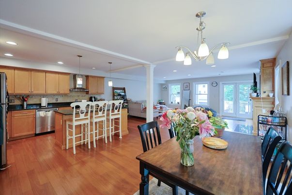 Dining room, Interior, Kitchen, Pendant Lights, Recessed Lighting, Stainless Steel Appliances, Wood Texture Flooring