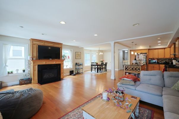Dining room, Fireplace, Interior, Kitchen, Living room, Pendant Lights, Recessed Lighting, Wood Texture Flooring