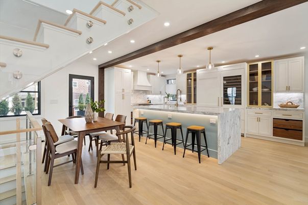 Dining room, Interior, Kitchen, Pendant Lights, Recessed Lighting, Stainless Steel Appliances, Wood Texture Flooring