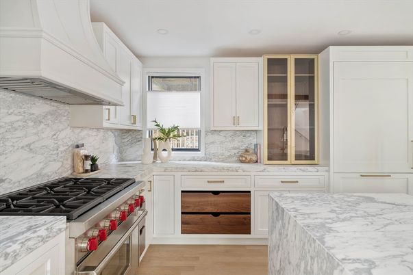 Interior, Kitchen, Marble Walls, Recessed Lighting, Wood Texture Flooring