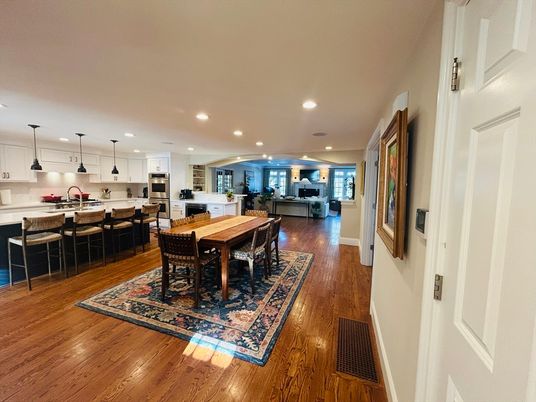 Dining room, Interior, Kitchen, Pendant Lights, Recessed Lighting, Stainless Steel Appliances, Wood Texture Flooring