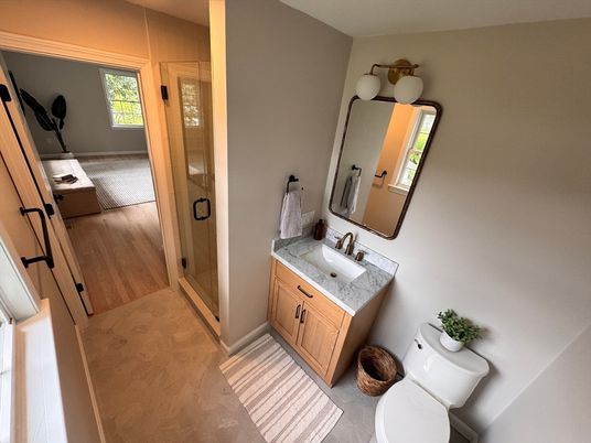 Bathroom, Glass Shower, Interior, Wood Texture Flooring