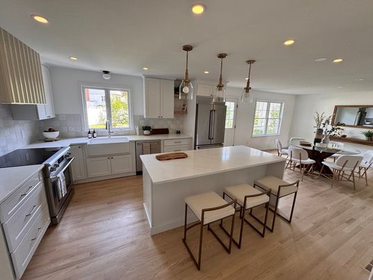 Dining room, Interior, Kitchen, Pendant Lights, Recessed Lighting, Stainless Steel Appliances, Wood Texture Flooring