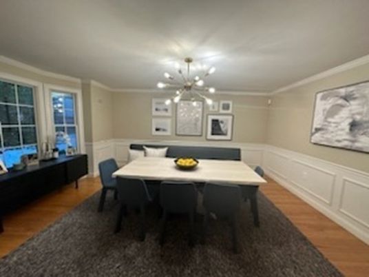 Dining room, Interior, Pendant Lights, Wood Texture Flooring