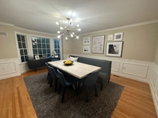 Dining room, Interior, Pendant Lights, Wood Texture Flooring