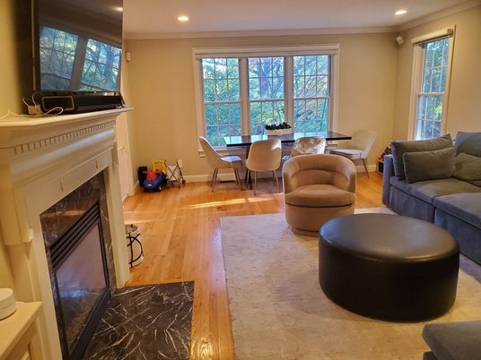 Dining room, Fireplace, Interior, Living room, Recessed Lighting, Wood Texture Flooring