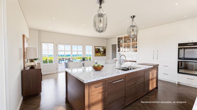 Chandelier, Interior, Kitchen, Pendant Lights, Recessed Lighting, Stainless Steel Appliances, Water, Wood Texture Flooring