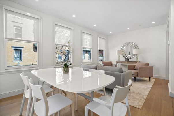 Dining room, Interior, Living room, Recessed Lighting, Wood Texture Flooring