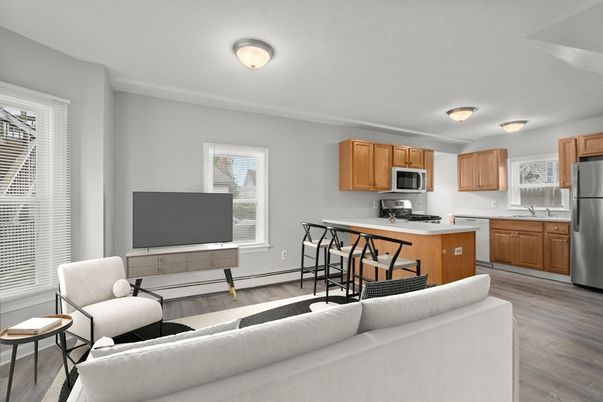 Interior, Kitchen, Living room, Stainless Steel Appliances, Wood Texture Flooring