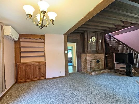 Chandelier, Empty room, Fireplace, Interior, Wooden Beams, Wooden Walls