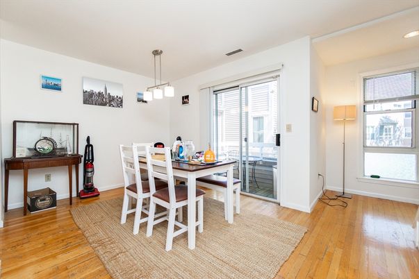 Dining room, Interior, Pendant Lights, Recessed Lighting, Wood Texture Flooring