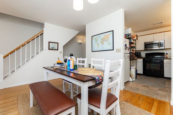 Dining room, Interior, Kitchen, Stainless Steel Appliances, Wood Texture Flooring