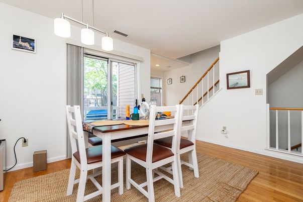 Dining room, Interior, Pendant Lights, Recessed Lighting, Wood Texture Flooring