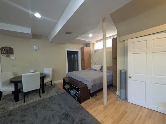 Bedroom, Dining room, Interior, Recessed Lighting, Wood Texture Flooring