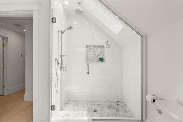 Bathroom, Glass Shower, Interior, Marble, Recessed Lighting, Wood Texture Flooring